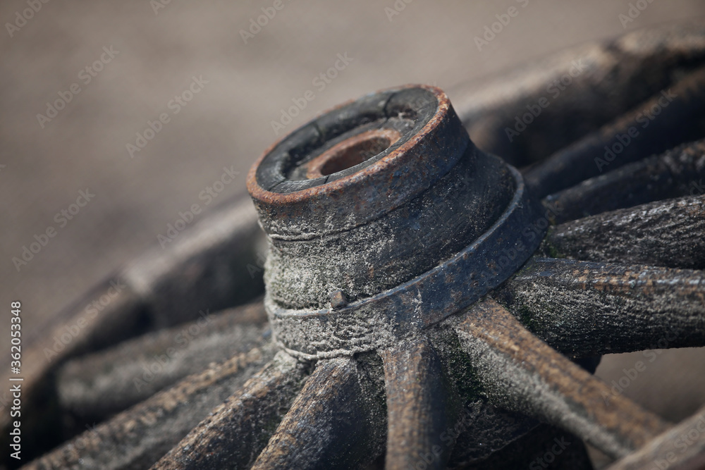 A wooden old cartwheel with a metal rim A wooden old cartwheel with a metal rim