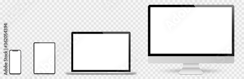 Realistic set computer, laptop, tablet and smartphone. Device screen mockup collection. Realistic mock up computer, laptop, tablet, phone with shadow- stock vector.