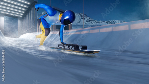 Skeleton sport. Bobsled. Luge. The athlete descends on a sleigh on an ice track. Winter sports.