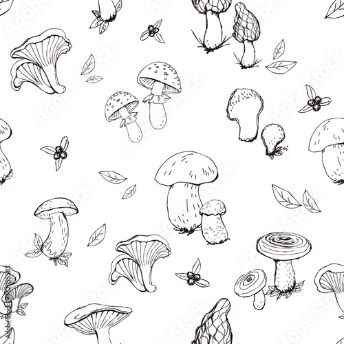 Mushrooms seamless pattern. In the style of hand-drawn. Design for natural products, paper, packaging, wallpaper, fabric, textile. Vector graphics.