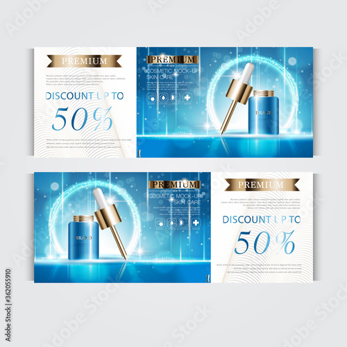 Gift voucher hydrating facial serum for annual sale or festival sale. blue and gold serum mask bottle isolated on glitter particles background. Banner graceful cosmetic ads, illustration.