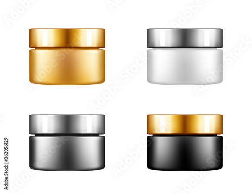 Set of white, silver, gold and black cosmetic jar with glossy cap mockups: lotion, cream, powder. Plastic package design. Blank hygiene, medical, body or face care template. 3d vector illustration