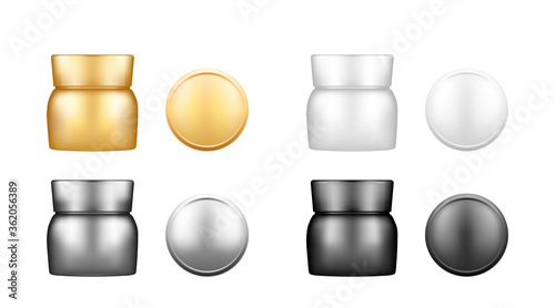 Set of white, silver, gold and black cosmetic jar with cap top view mockups: lotion, cream, powder. Plastic package design. Blank hygiene, medical, body or face care template. 3d vector illustration