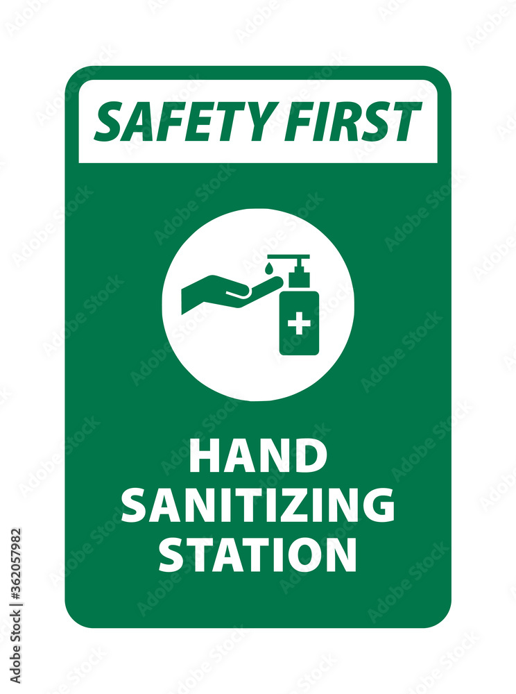 safety first hand sanitizing station sign vector. Hand washing area