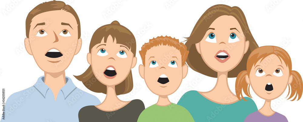 Faces of a surprised, shocked family consisting of parents, a son, and two daughters, all looking up Faces of a surprised, shocked family consisting of parents, a son, and two daughters, all looking up