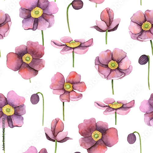 Seamless pattern with purple pink flowers. Watercolor illustration  floral ornament. For textiles  covers and decor in a rustic style.