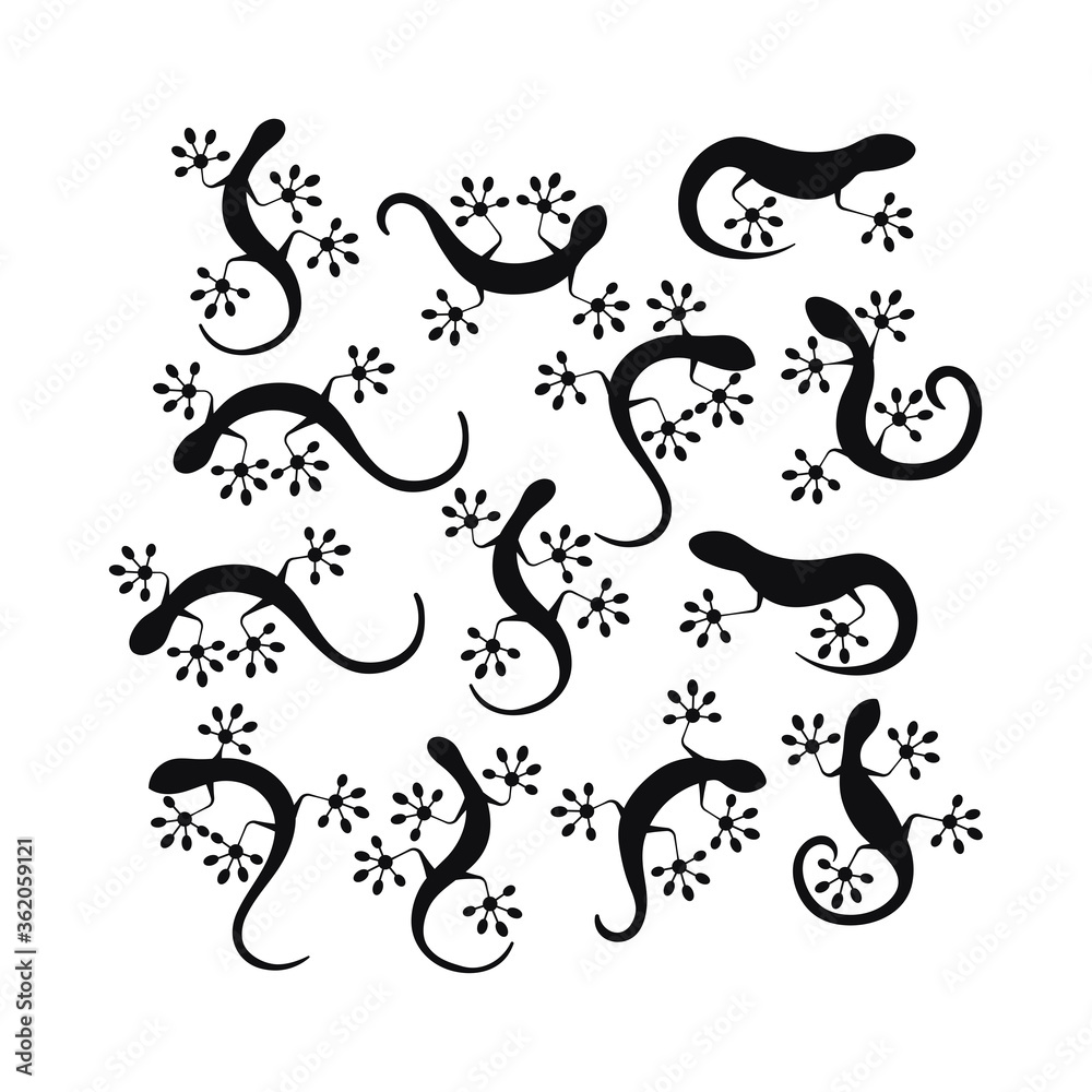 Lizard climbing balck silhouette icon set isolated on white background. Monochrome raeptile tattoo collection. Lizard gecko or salamander logo flat simple design vector illustration.