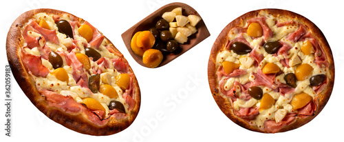 Sweet pizza with peaches, fig and pineapple on white background. Slide and Top view, close up. Traditional Brazilian Pizza