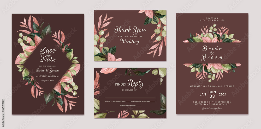 Elegant wedding invitation template set with brown watercolor leaves frame and border decoration. Botanic card design concept Elegant wedding invitation template set with brown watercolor leaves frame and border decoration. Botanic card design concept