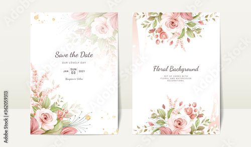 Floral wedding invitation template set with brown watercolor rose and leaves decoration. Botanic card design concept
