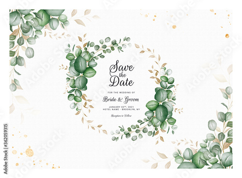 Horizontal wedding invitation template with eucalyptus wreath and border decoration. Botanic card design concept