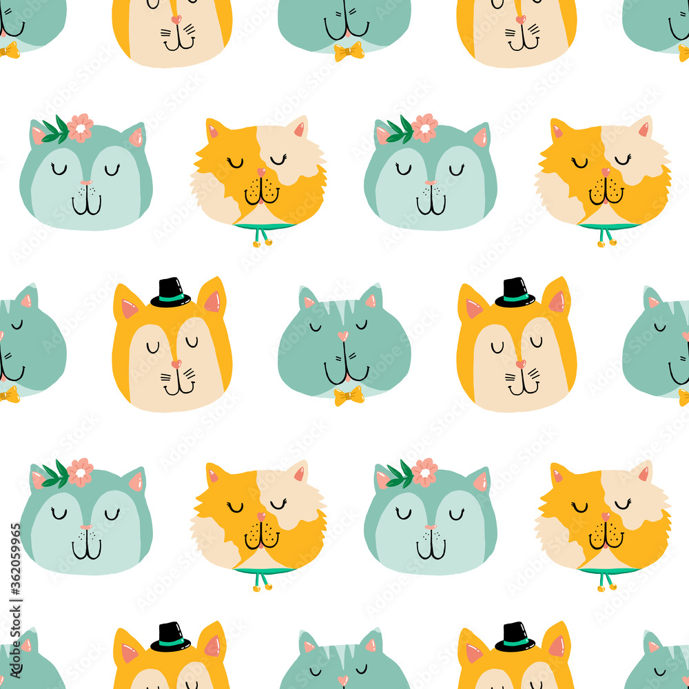 Doodle cute cats and kitties pattern vector