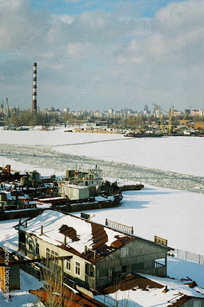 Industrial port.
Spring ice drift.
Big river in the city.