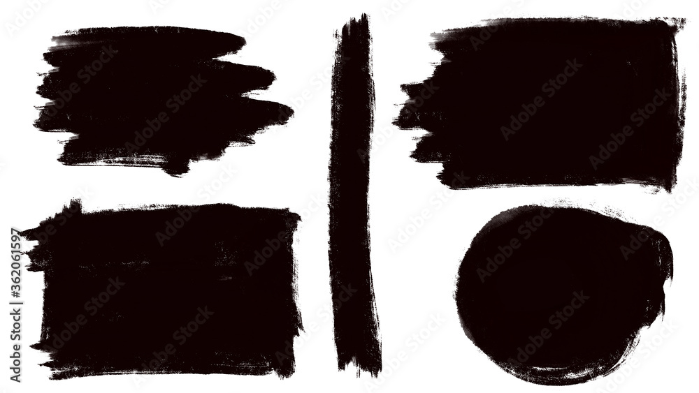 Black on white dry paint brush stroke text box. Rough edge frame circle and squares 
