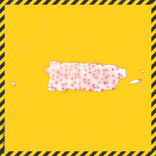Puerto Rico closed - virus danger sign. Lock down country icon. Black striped border around map with virus spread concept. Vector illustration.