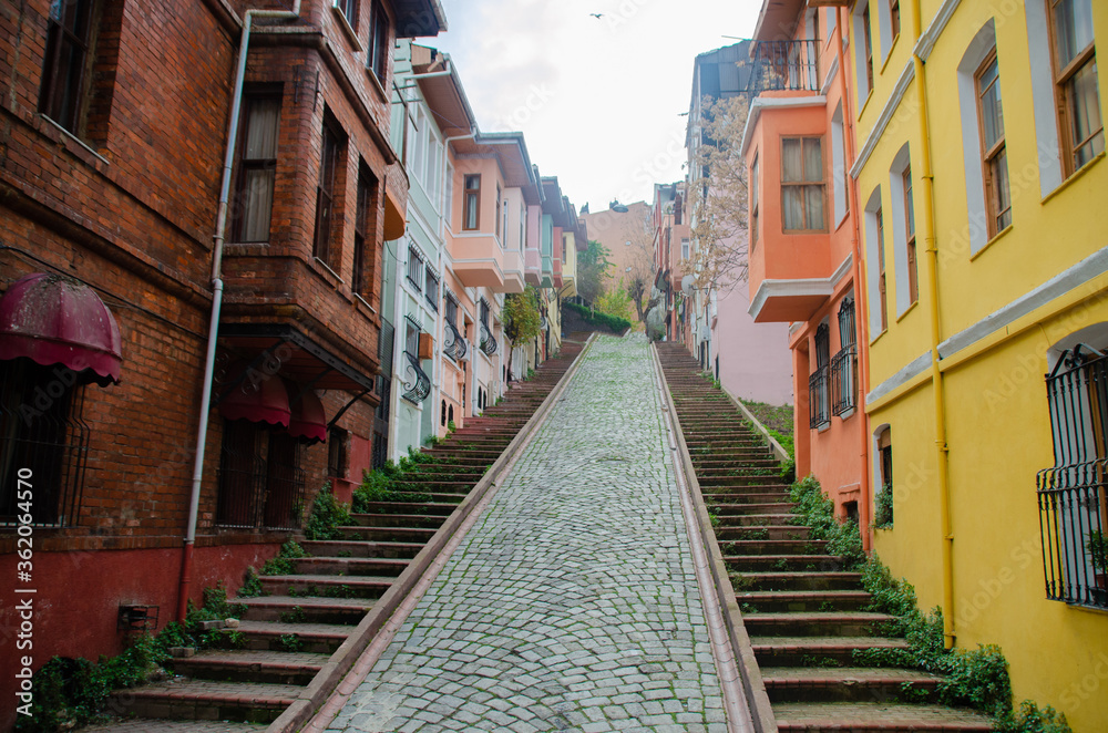 Hill with stairs and colorful houses, Balat, istanbul