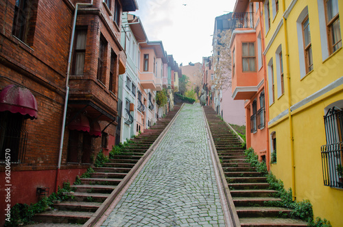 Hill with stairs and colorful houses  Balat  istanbul