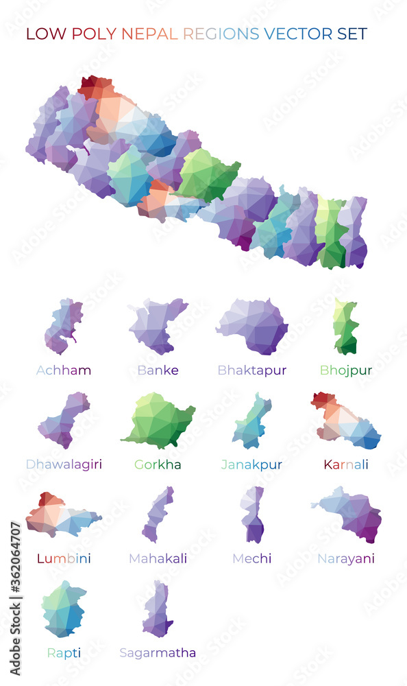 Naklejka premium Nepalese low poly regions. Polygonal map of Nepal with regions. Geometric maps for your design. Neat vector illustration.