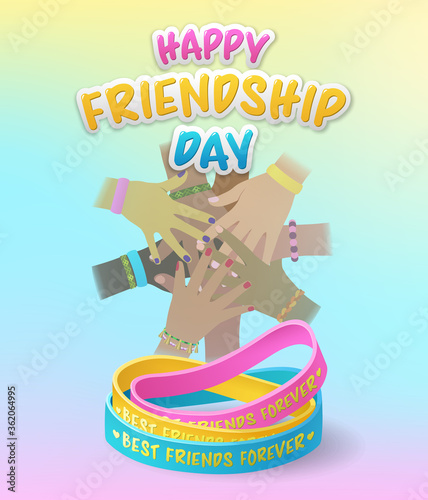 Happy Friendship Day with diverse stacked hands above colorful friendship bracelets on a pink, blue and yellow background, colored vector illustration