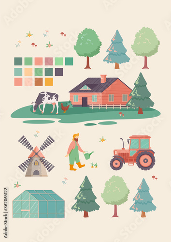 Large set of farming or agriculture icons with trees, barns, cow, windmill, farmer and tractor, colored vector illustration
