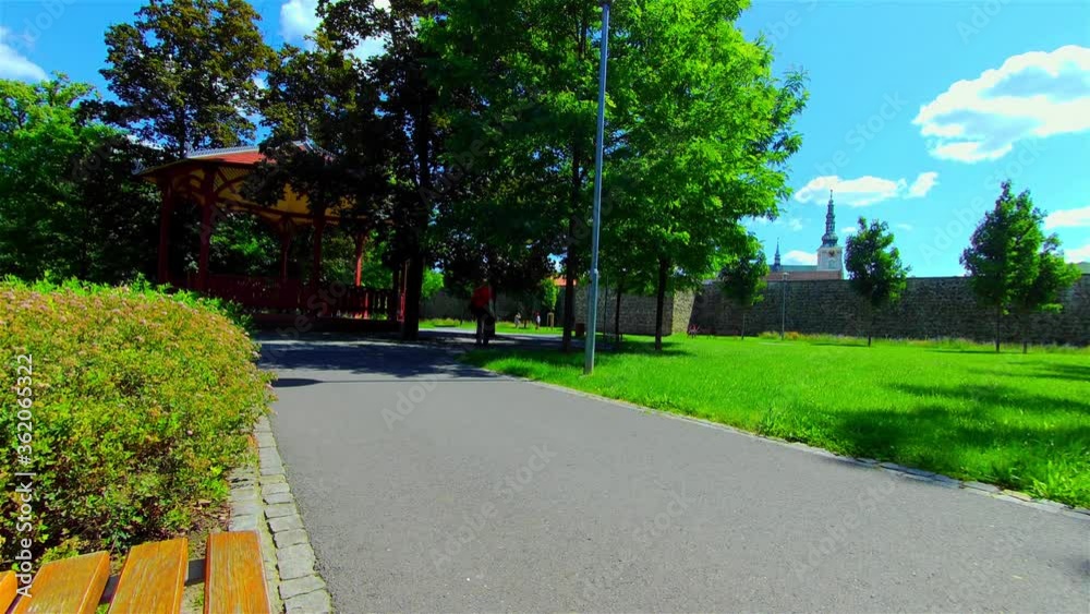 Wooden Gazebo in City Park, Green Trees and Plants, Europe, CZ, Prostejov Wooden Gazebo in City Park, Green Trees and Plants, Europe, CZ, Prostejov