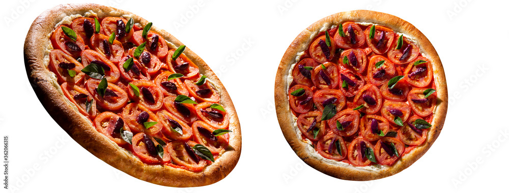 Pizza with tomato, olive and basil. Top view on white background, close up. Traditional Brazilian Pizza. Pizza with tomato, olive and basil. Top view on white background, close up. Traditional Brazilian Pizza.
