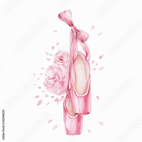 Fotografia Pink pointe shoes and bow and flower; watercolor hand draw illustration; can be
