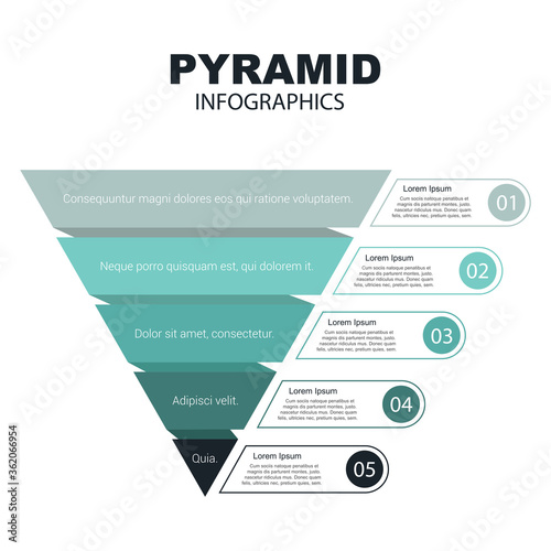 Pyramid Infographics. Funnel Pyramid with 5 charts
