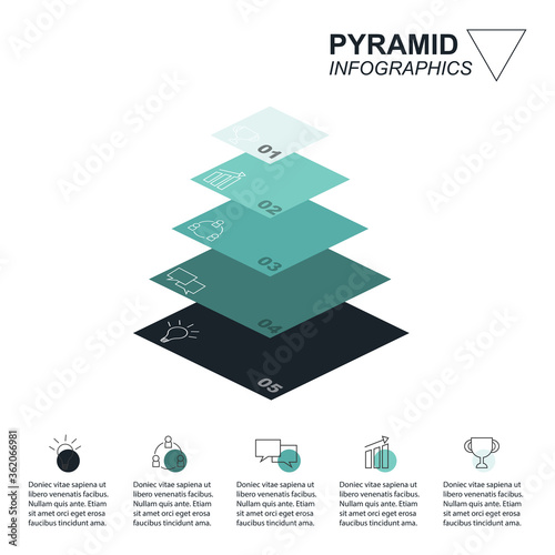 Pyramid Infographics. Funnel Pyramid with 5 charts