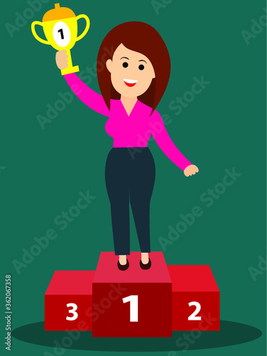  Cheerful business woman celebrating her victory/ standing on podium/ holding number one trophy/flat vector