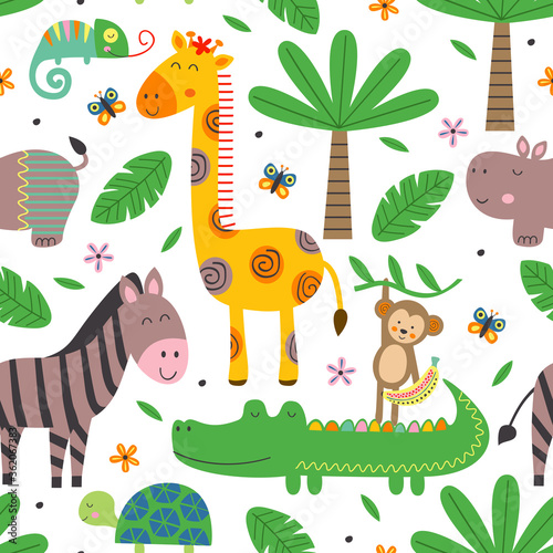 seamless pattern with funny jungle animals on white background - vector illustration, eps
