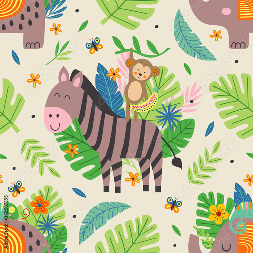 seamless pattern with funny jungle animals -  vector illustration  eps