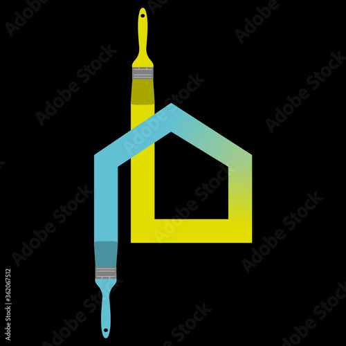 Logo pour une entreprise de peinture à domicile composé de tracé représentant une maison et de pinceaux bleu et jaune sur fond noir.