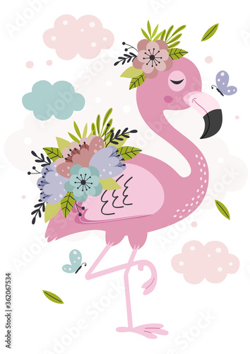 poster with lovely floral pink flamingo- vector illustration, eps 