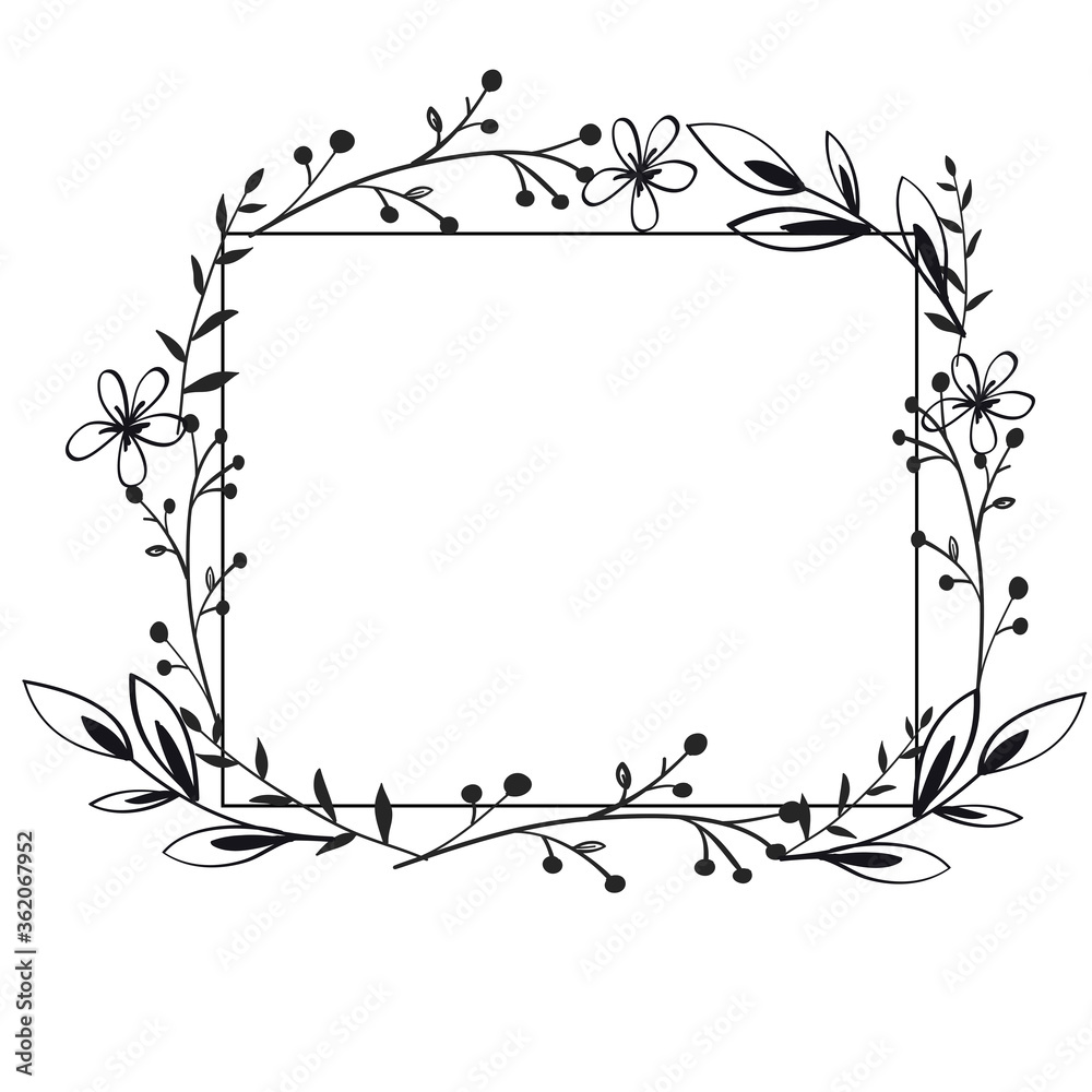 Rectangular frame for invitations.Invitation template. Spring flowers frame design element.Black and white vector illustration.Can be used for invitations for wedding,birthday, housewarming.