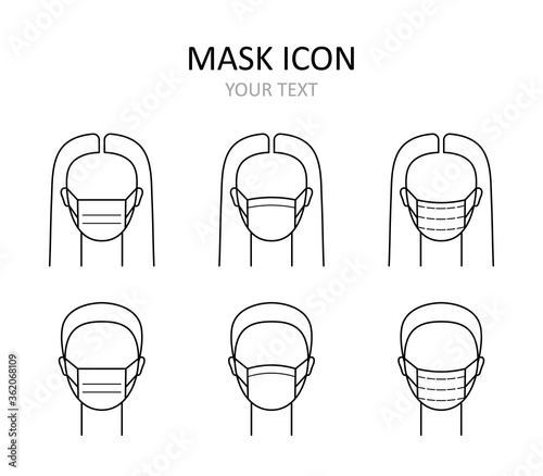 Icons of people wearing masks. Men and women in antiviral masks. Illustration on the theme of coronavirus. Linear symbols.