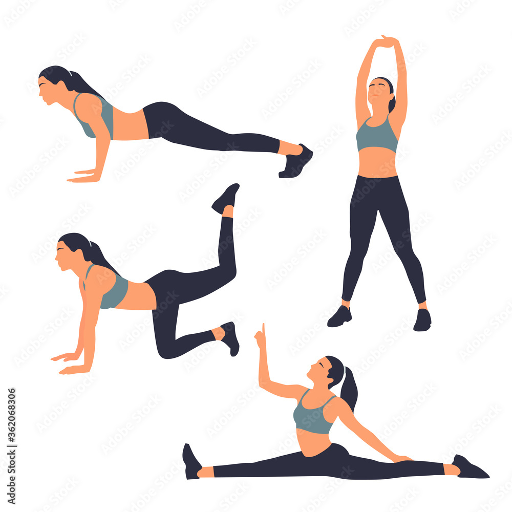 Rutina de ejercicios de entrenamiento de mujer, diferentes posiciones la  rutina del mundo del deporte, chica haciendo ejercicios conjunto ilustração  do Stock