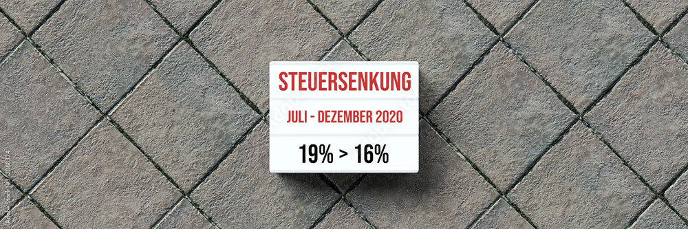 information about the temporary German VAT reduction in 2020 from 19% to 16% on a lightbox in front of stone background