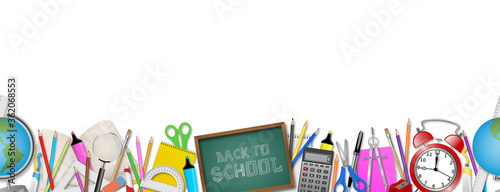 Back to school seamless banner with realistic school supplies