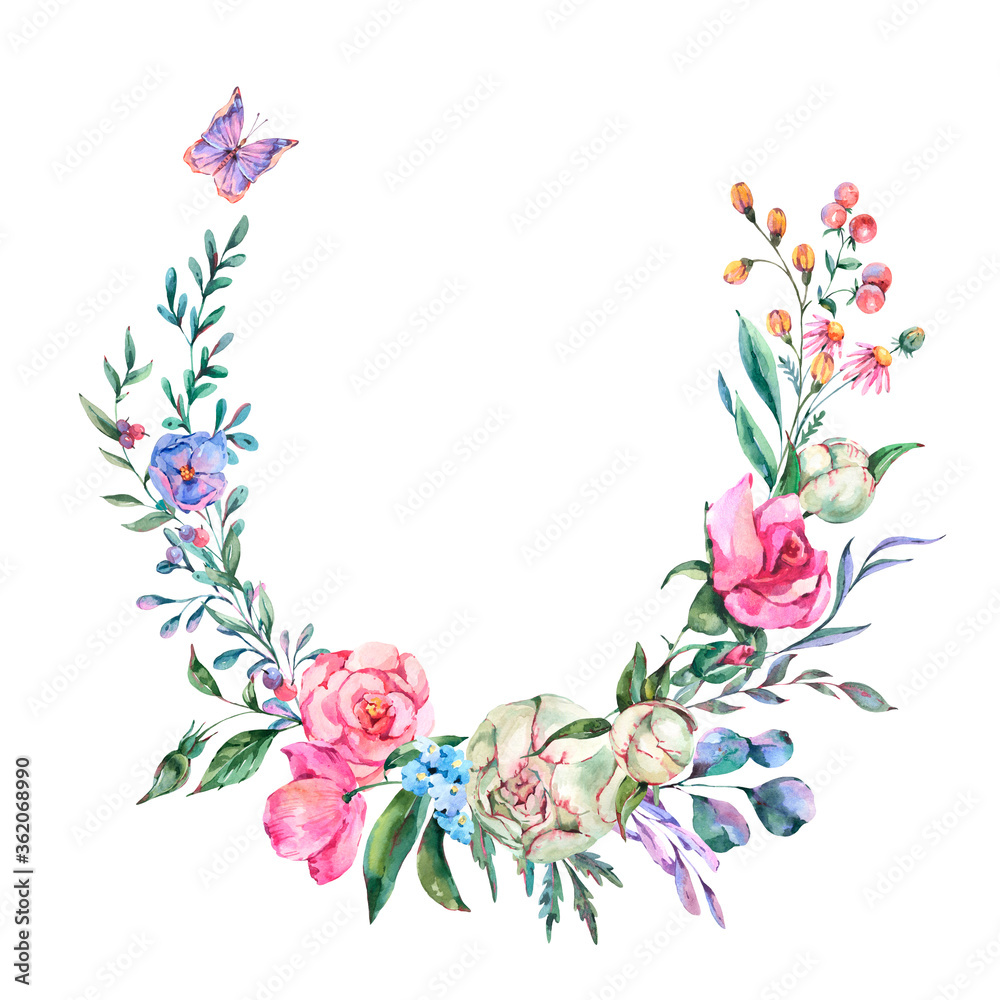 Watercolor summer wreath of peonies isolated on white background. Natural vintage floral collection