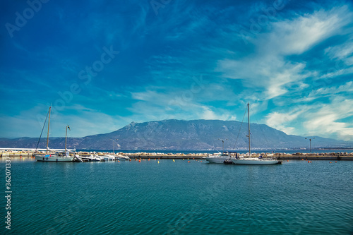 Port of Corinth city on hot summer day