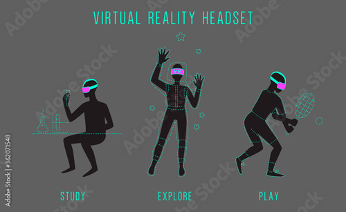Illustration of a man using virtual reality headset for entertainment, sports, and study. Vector set.