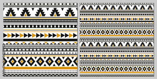 Pattern with geometrical ornaments in black and golden colors. Seamless vector background.