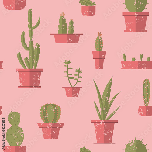 Succulents seamless grunge pattern in retro style. Vector flat cartoon design.