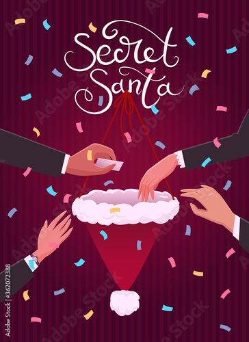 Secret santa in office vector illustration. Office workers pulling out the names of their recipients.
