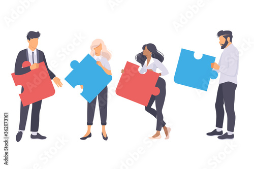 Set of working together successful happy people in office wear. businesswomen and businessman with a puzzle. Business concept. Teamwork. Modern vector illustration flat design on a white background.