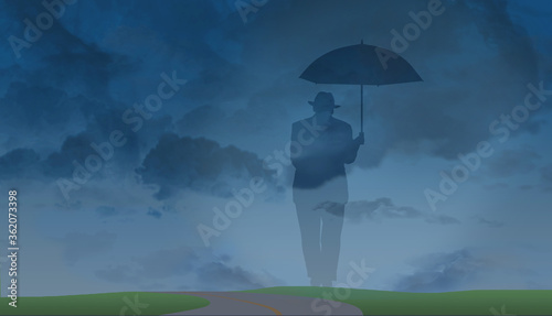 A ghostly silhouette of an older man in a fedora and suit with an umbrella is set against a stormy sky background. It is a metaphor for aging, lonliness, preparedness, isolation and more. photo