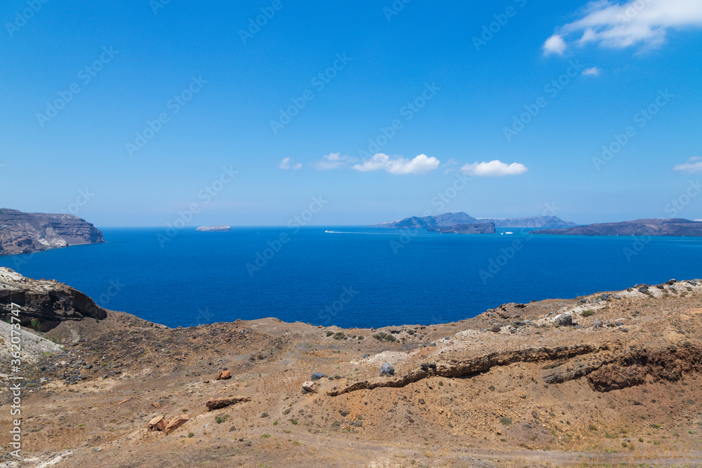 Landscape on Santorini island in Greece. The blue sky is in the background.