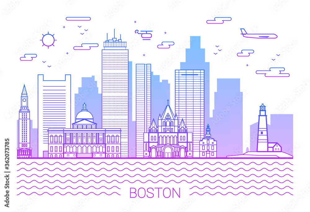 Boston city, Pink Line Art Vector illustration with all famous buildings on white background. Linear Banner with Showplace. Boston buildings set. White background and pink line.