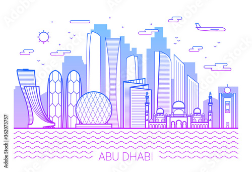 Abu Dhabi city purple line art Vector illustration with all famous buildings. Cityscape. White background and pink line.